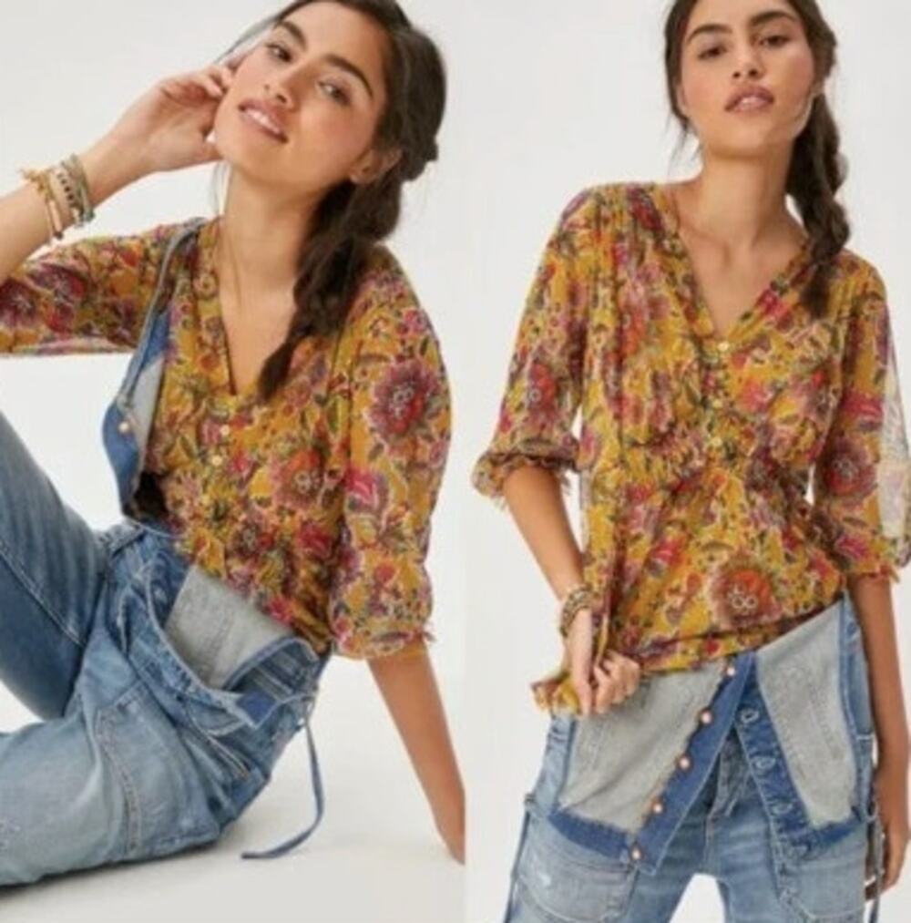 Anthropologie Yellow Pink Gretchen Floral Semi Sheer Smocked Blouse Size S